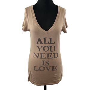 Haute Hippie Tan Brown All You Need Is Love V-Neck Slim-Fit Short Sleeve Tee M